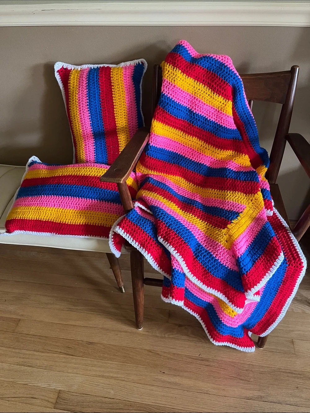 Handmade Striped Crochet Throw Blanket and 2 Pillow Set - Multicolor